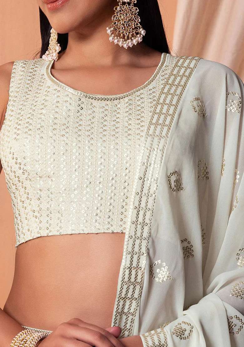White Embroidery Georgette Lehenga Set for Diwali and Festive Wear - Indya