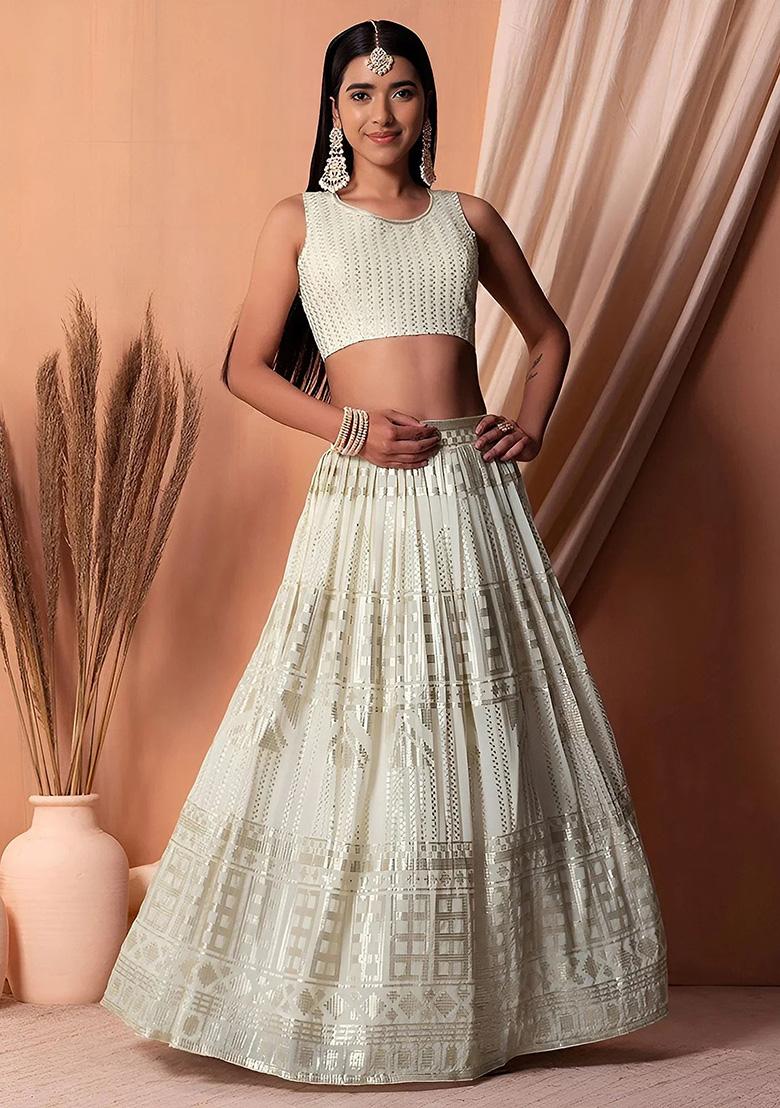 White Embroidery Georgette Lehenga Set - Indya