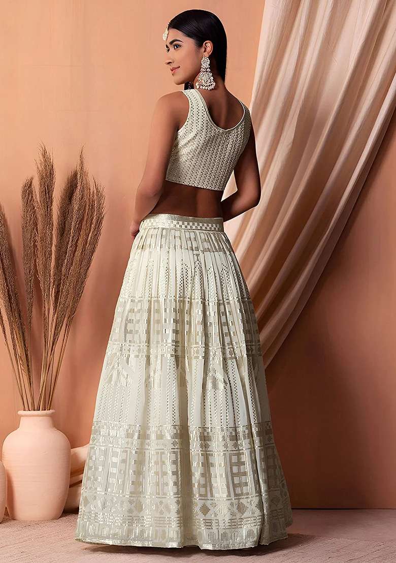 White Embroidery Georgette Lehenga Set for Diwali and Festive Wear - Indya