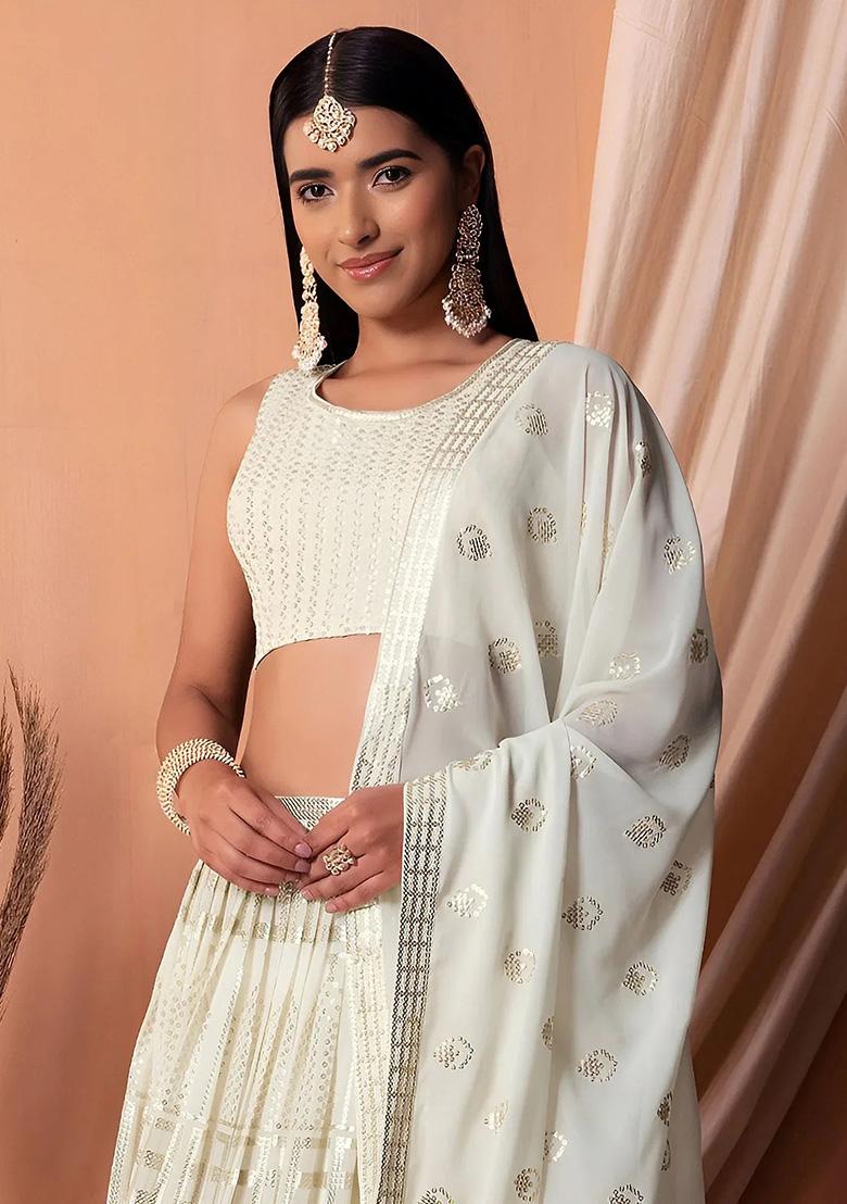 White Embroidery Georgette Lehenga Set - Indya