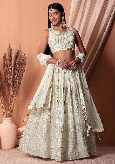 White Embroidery Georgette Lehenga Set