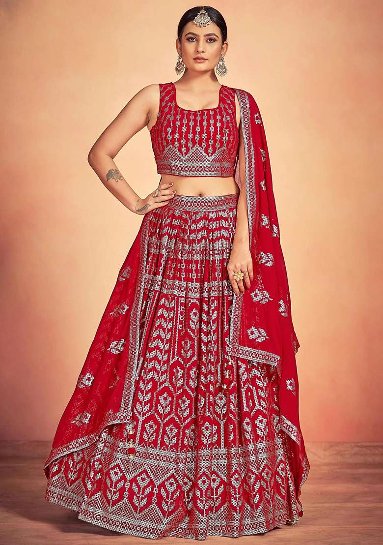 Red Georgette Lehenga Set with Embroidery for Diwali | Wedding & Festive Wear - Indya