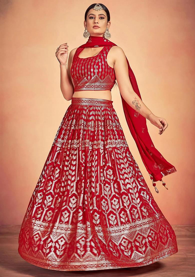 Red Embroidery Georgette Lehenga Set - Indya