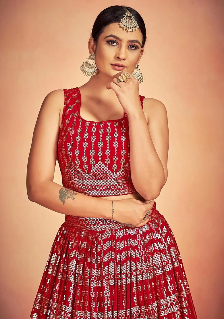 Red Embroidery Georgette Lehenga Set - Indya