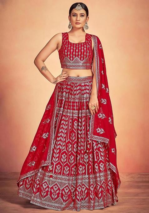 Red Embroidery Georgette Lehenga Set