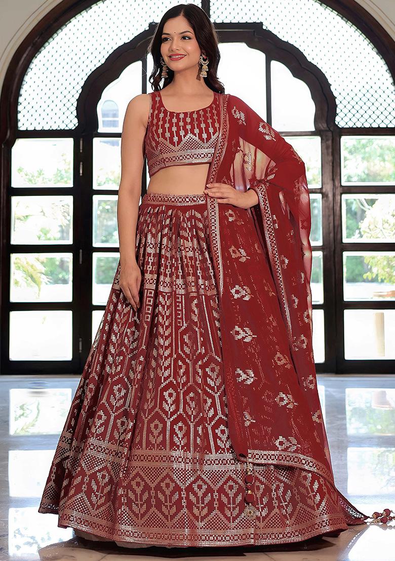 Maroon Embroidery Georgette Lehenga Set - Indya