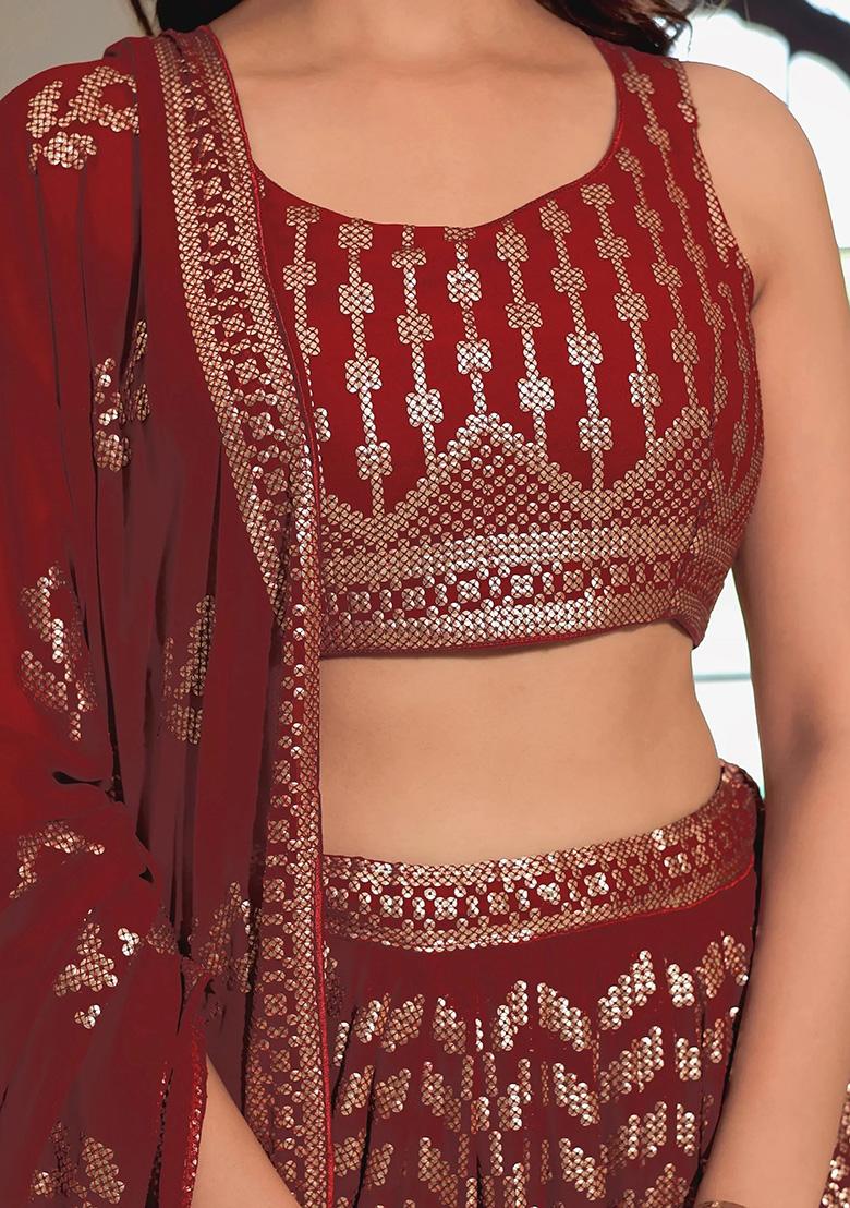 Maroon Embroidery Georgette Lehenga Set - Indya
