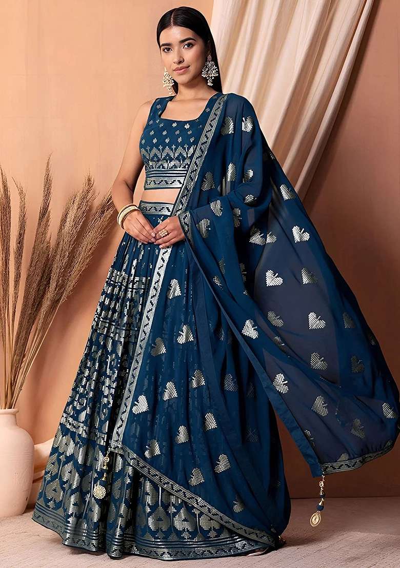 Blue Georgette Lehenga Set with Embroidery for Diwali | Wedding & Festive Wear - Indya