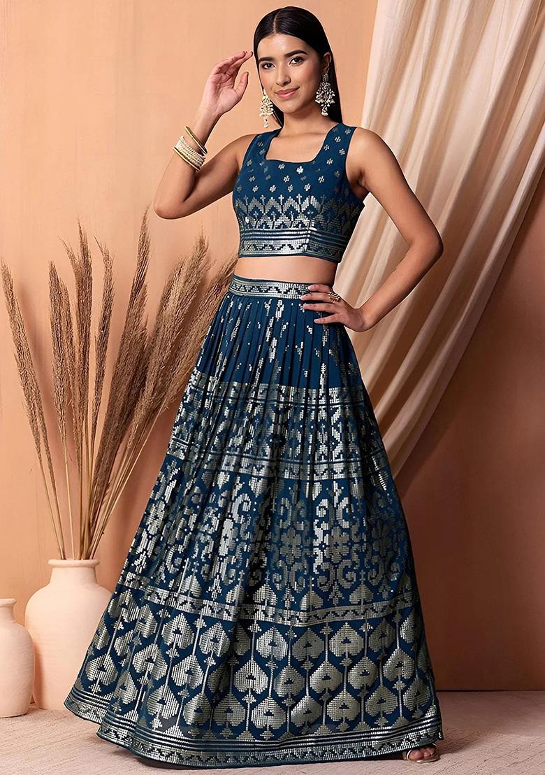 Blue Embroidery Georgette Lehenga Set - Indya