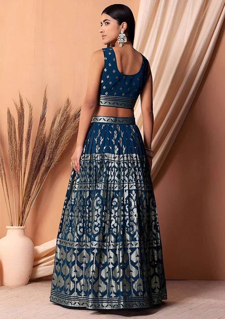 Blue Georgette Lehenga Set with Embroidery for Diwali | Wedding & Festive Wear - Indya