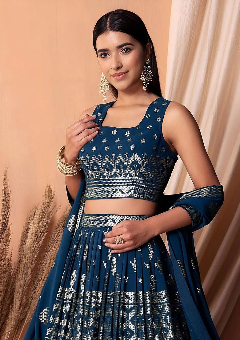 Blue Embroidery Georgette Lehenga Set - Indya