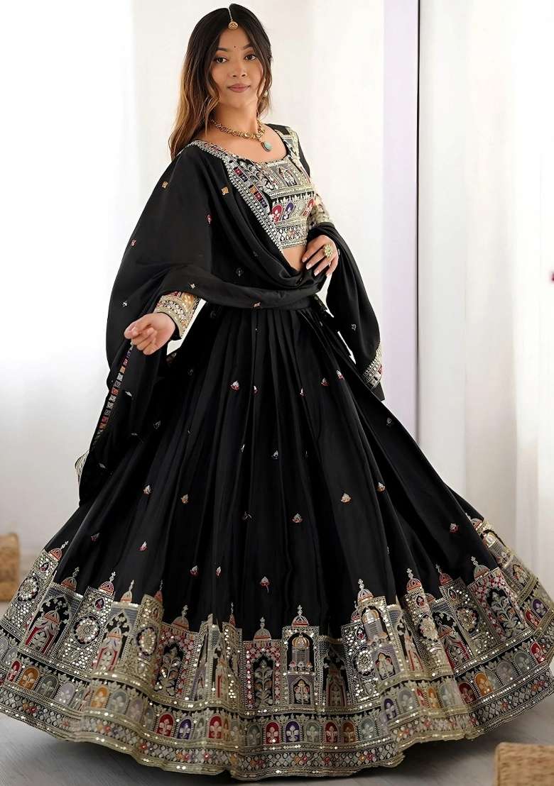 Black Embroidery Crepe Lehenga Set for Diwali and Festive Wear - Indya