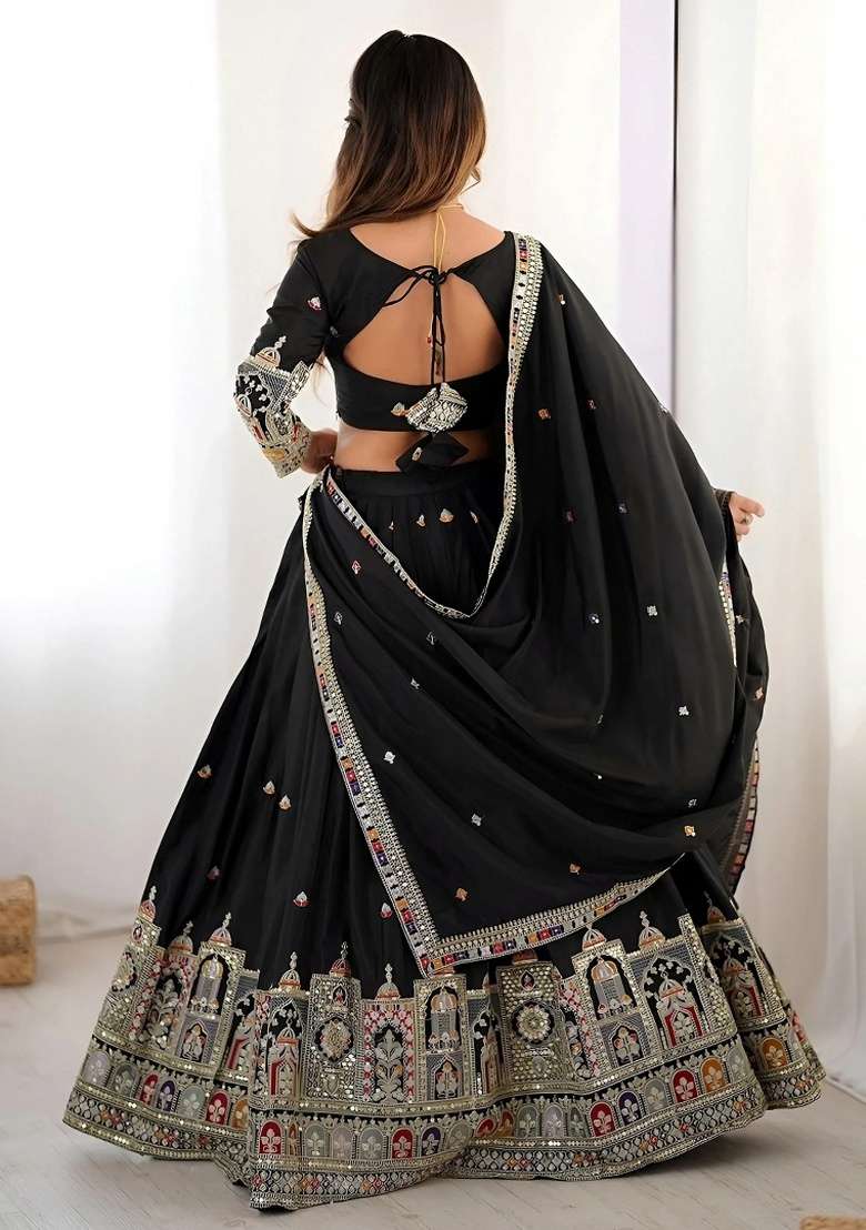 Black Embroidery Crepe Lehenga Set for Diwali and Festive Wear - Indya