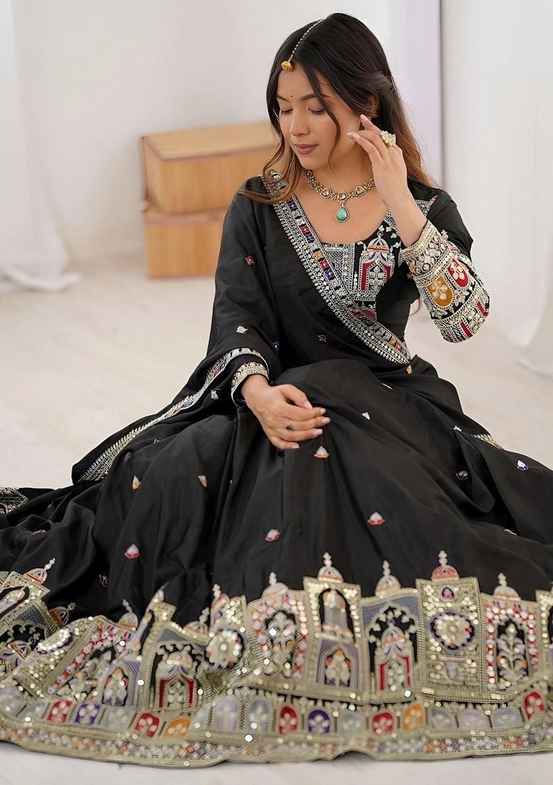 Black Embroidery Crepe Lehenga Set - Indya