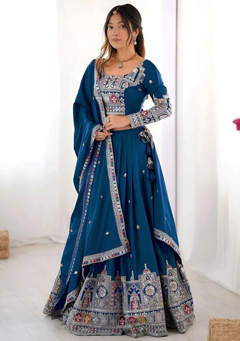 Blue Embroidery Crepe Lehenga Set for Diwali and Festive Wear - Indya