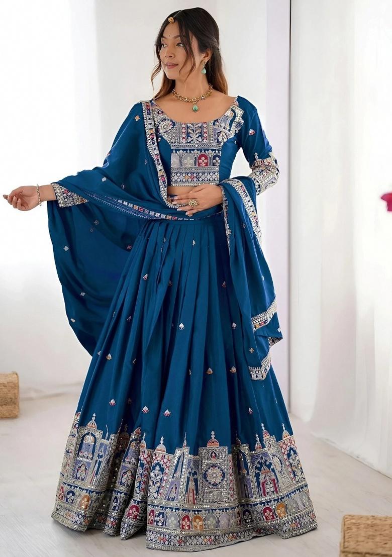 Blue Embroidery Crepe Lehenga Set - Indya