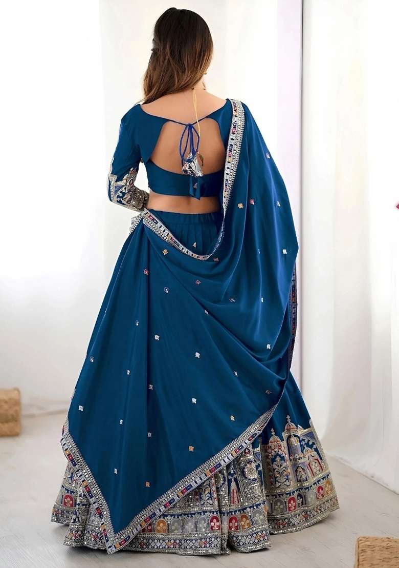 Blue Embroidery Crepe Lehenga Set for Diwali and Festive Wear - Indya