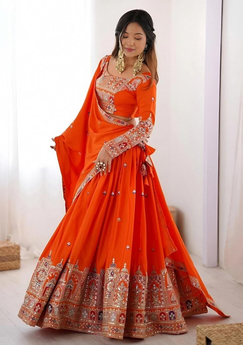 Orange Embroidery Crepe Lehenga Set - Indya