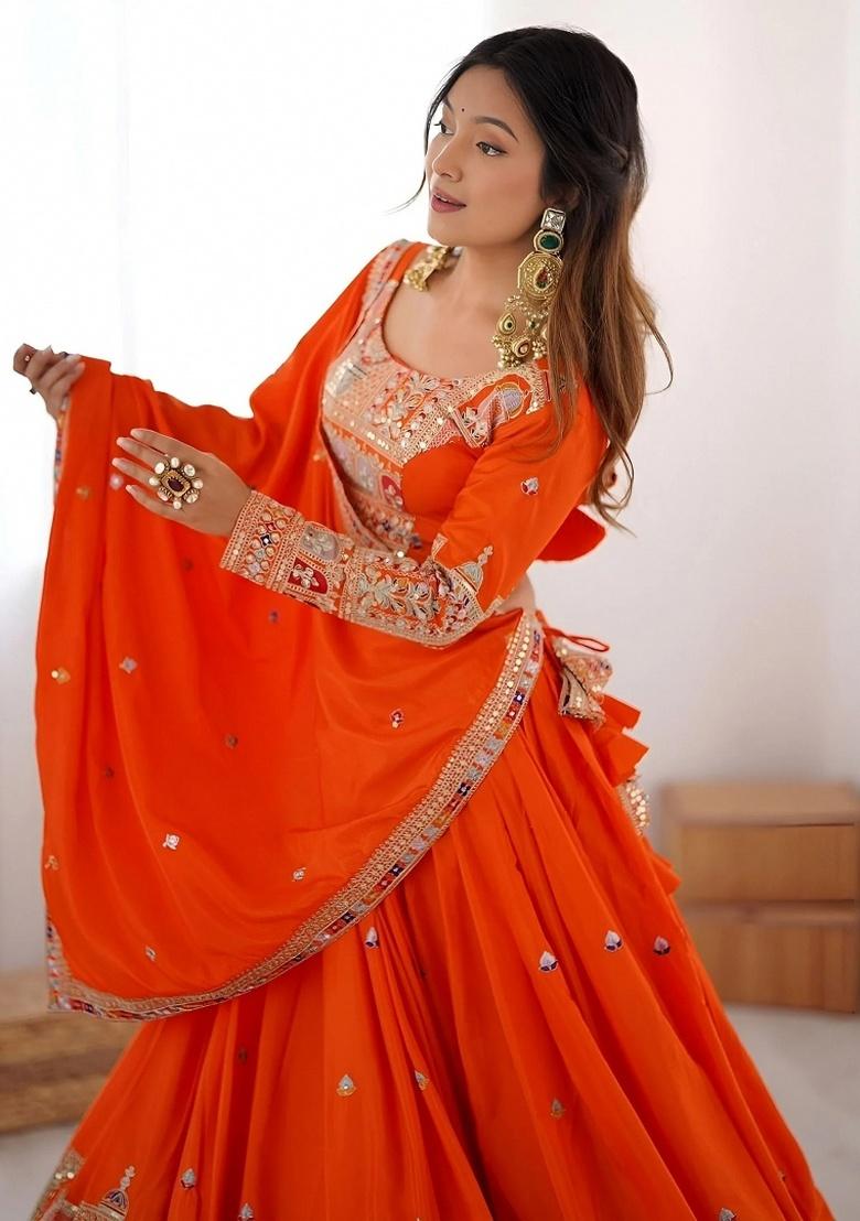 Orange Embroidery Crepe Lehenga Set - Indya