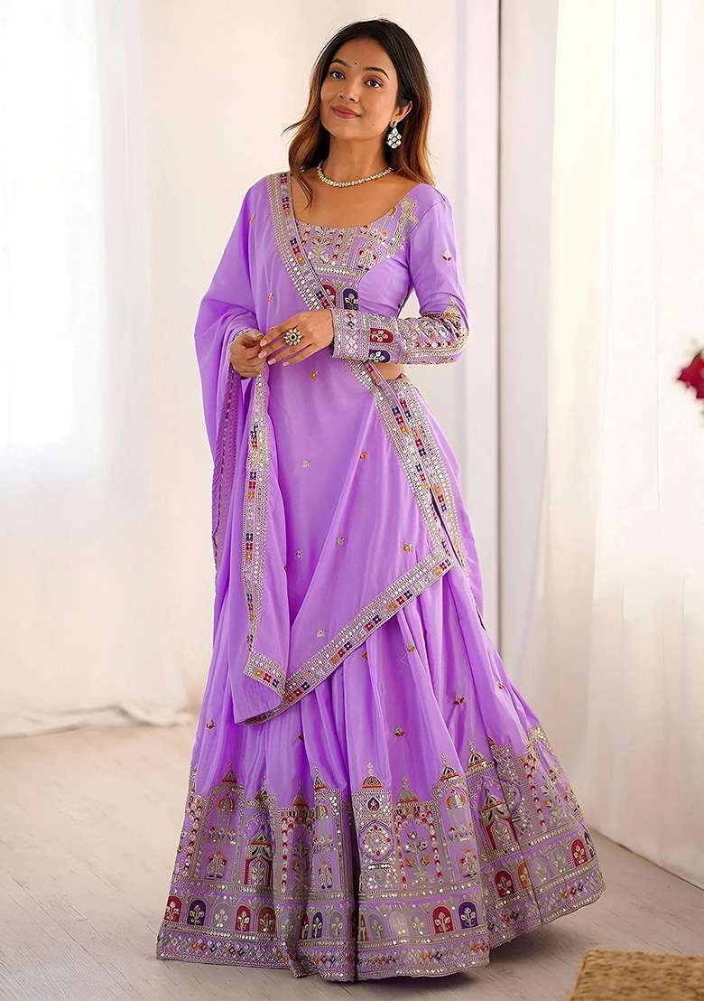 Purple Crepe Lehenga Set with Embroidery for Diwali | Wedding & Festive Wear - Indya