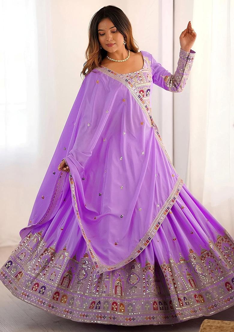 Purple Embroidery Crepe Lehenga Set - Indya