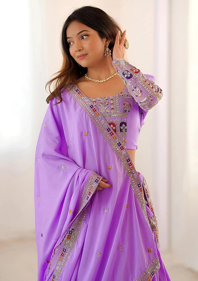Purple Embroidery Crepe Lehenga Set - Indya