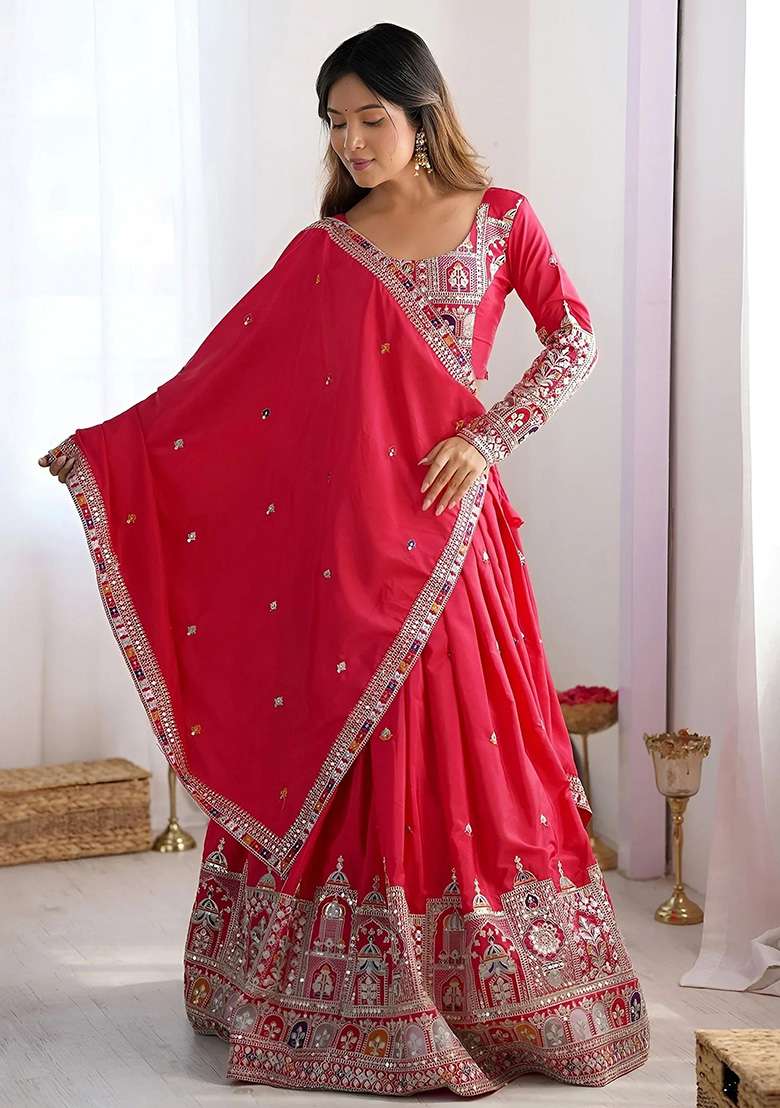 Pink Crepe Lehenga Set with Embroidery for Diwali | Wedding & Festive Wear - Indya