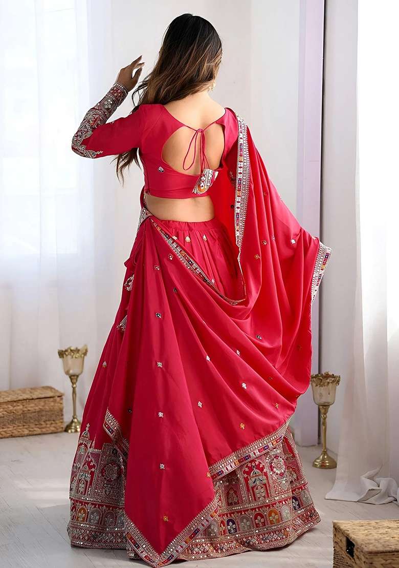 Pink Crepe Lehenga Set with Embroidery for Diwali | Wedding & Festive Wear - Indya