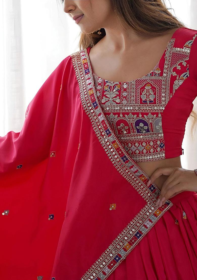 Pink Embroidery Crepe Lehenga Set - Indya