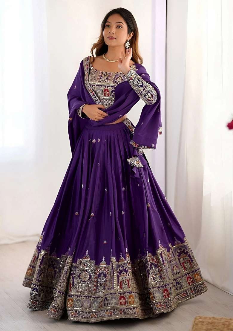 Purple Crepe Lehenga Set with Embroidery for Diwali | Wedding & Festive Wear - Indya