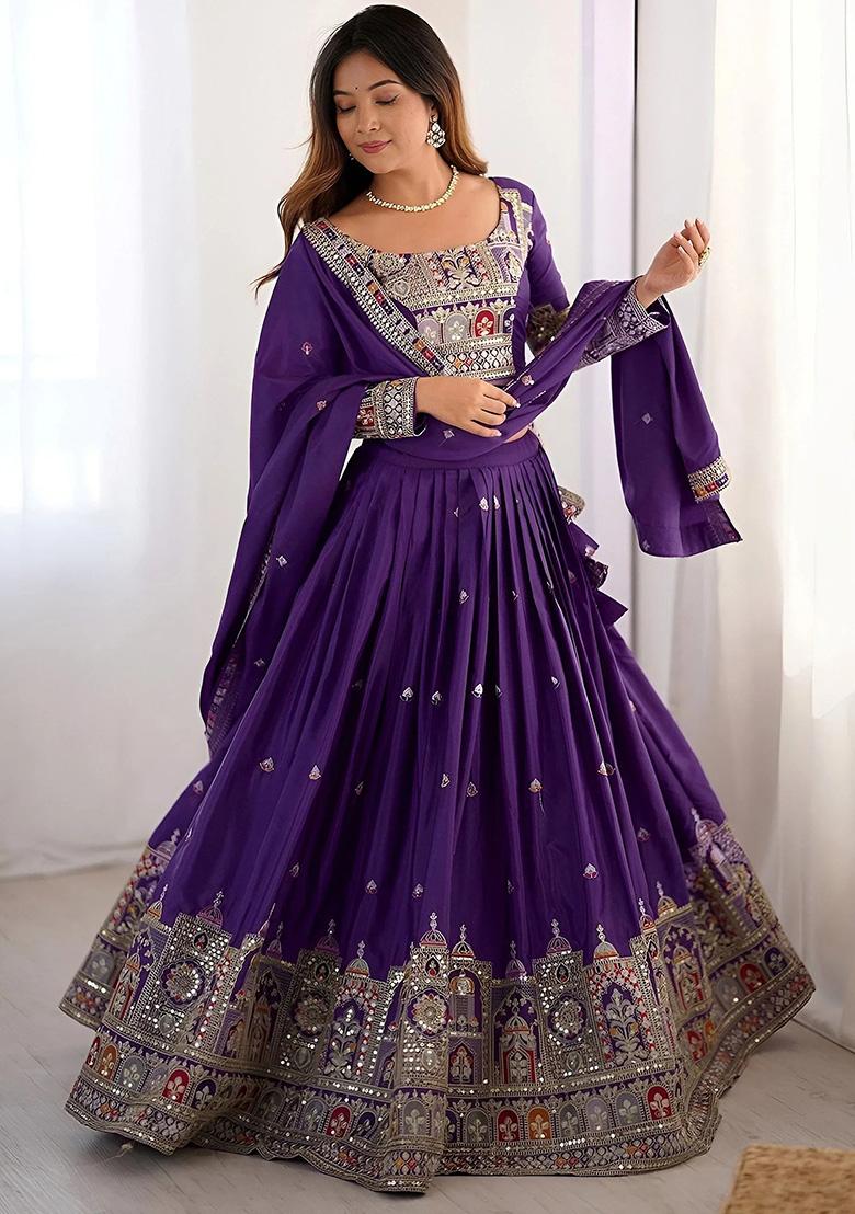 Purple Embroidery Crepe Lehenga Set - Indya