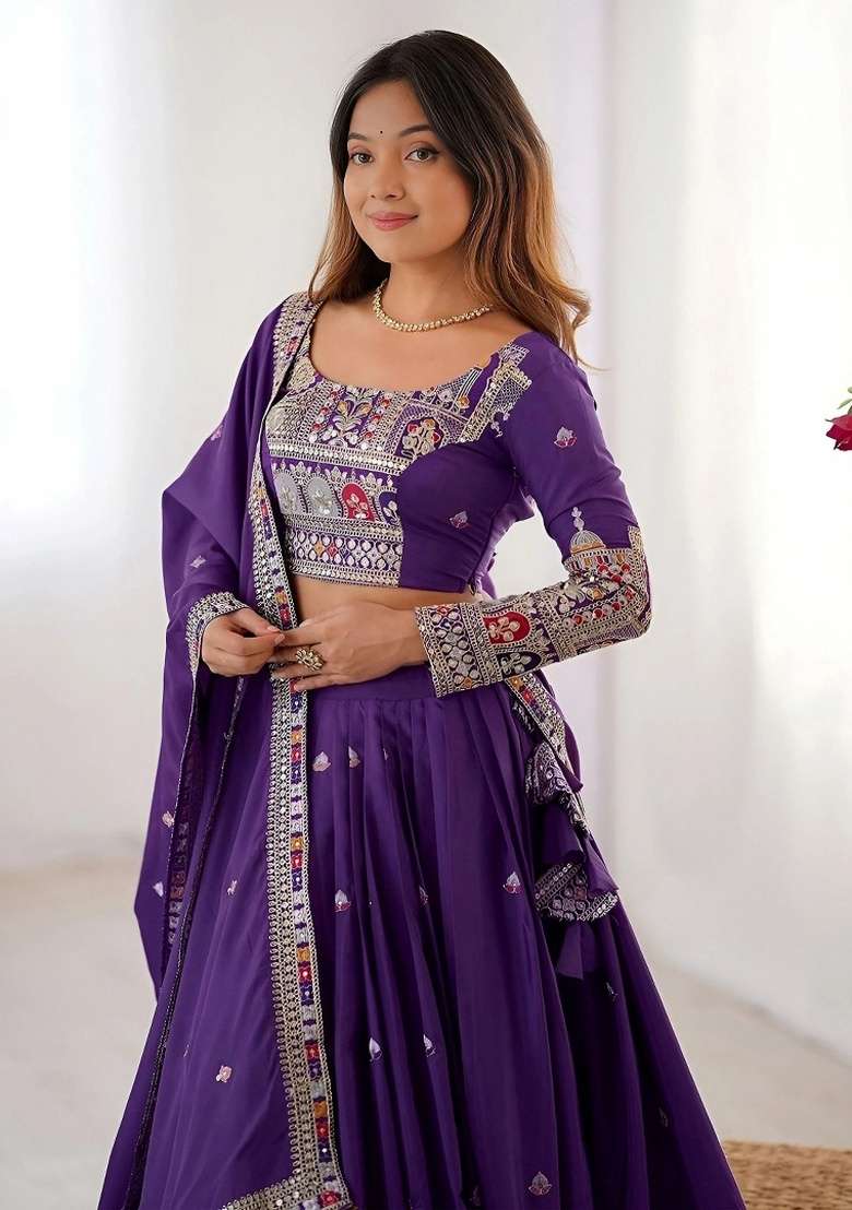 Purple Crepe Lehenga Set with Embroidery for Diwali | Wedding & Festive Wear - Indya