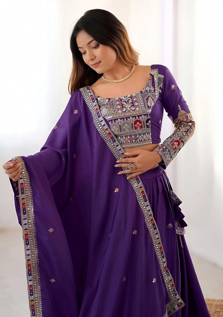 Purple Embroidery Crepe Lehenga Set - Indya