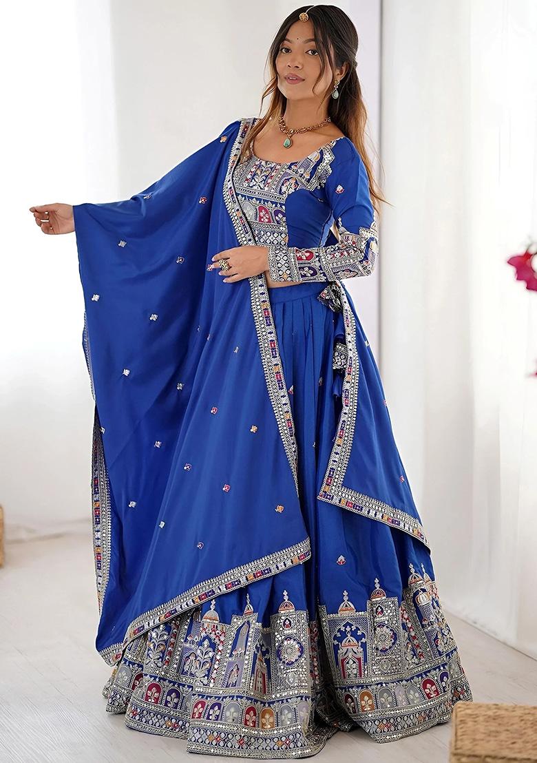 Blue Embroidery Crepe Lehenga Set - Indya