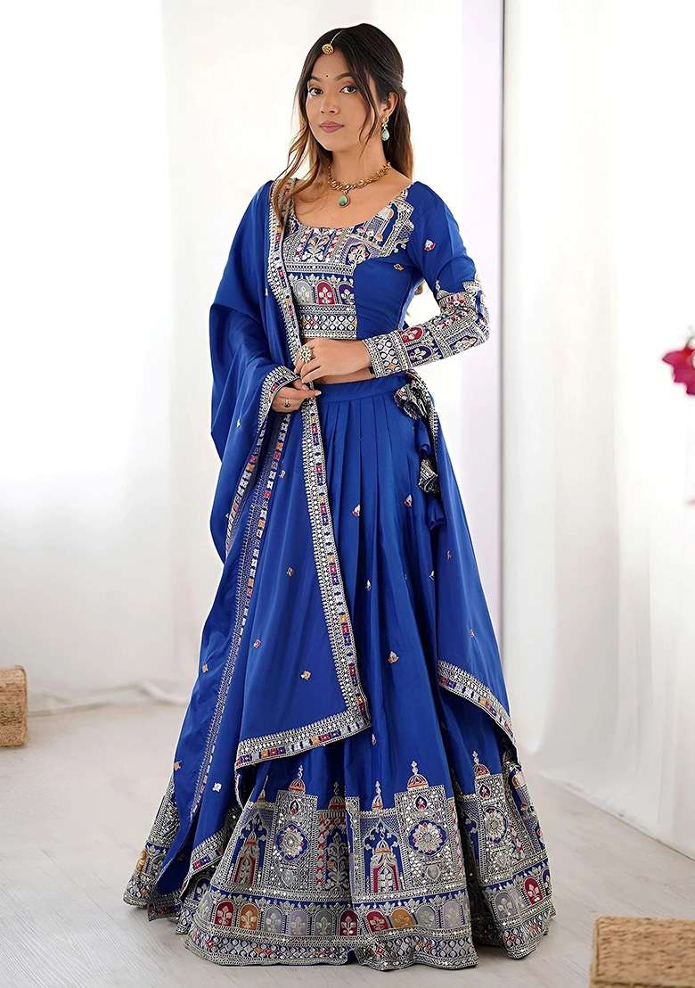 Blue Crepe Lehenga Set with Embroidery for Diwali | Wedding & Festive Wear - Indya