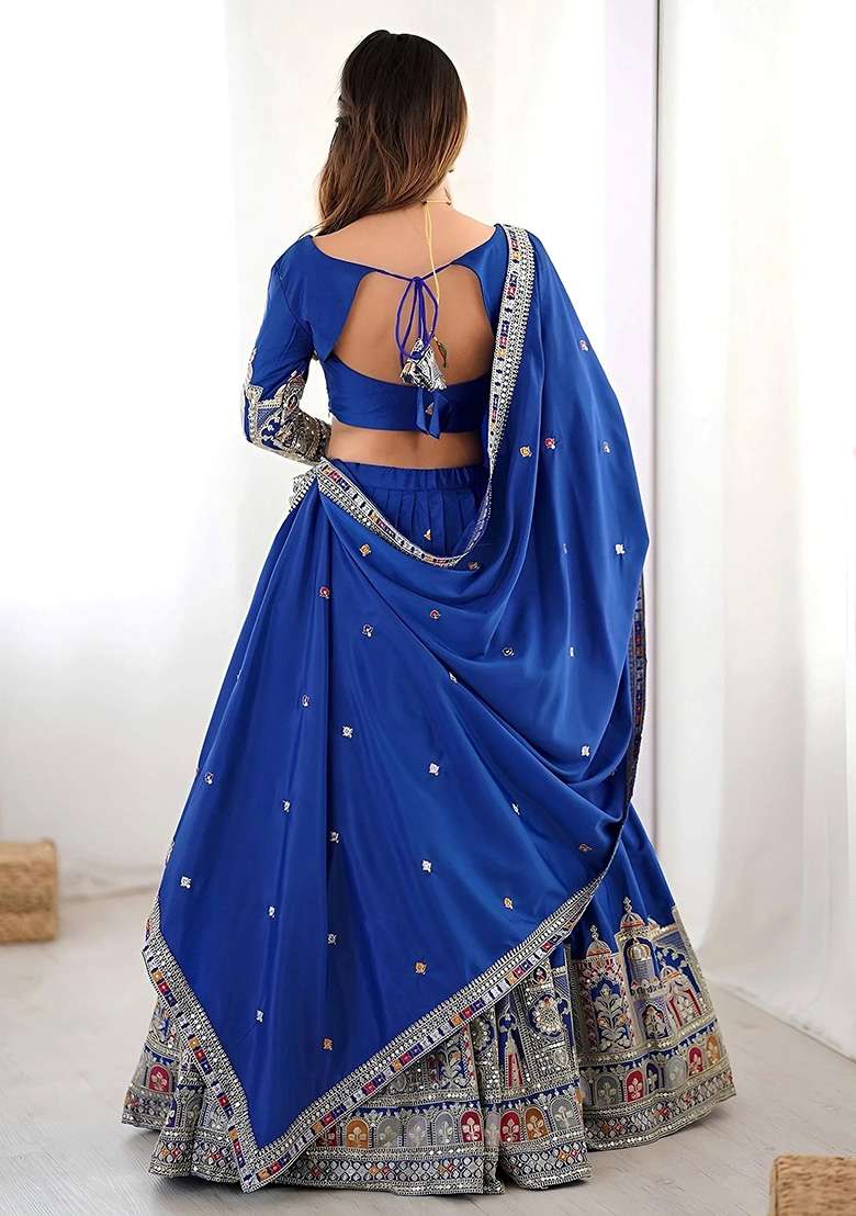 Blue Crepe Lehenga Set with Embroidery for Diwali | Wedding & Festive Wear - Indya