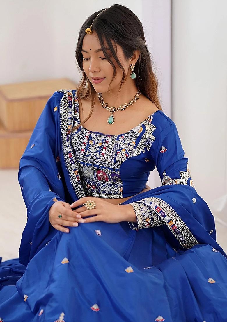 Blue Embroidery Crepe Lehenga Set - Indya