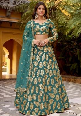 Teal Blue Embroidery Georgette Lehenga Set