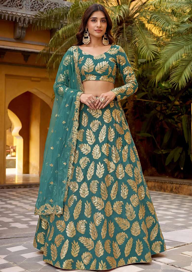 Teal Blue Embroidery Georgette Lehenga Set for Diwali and Festive Wear - Indya