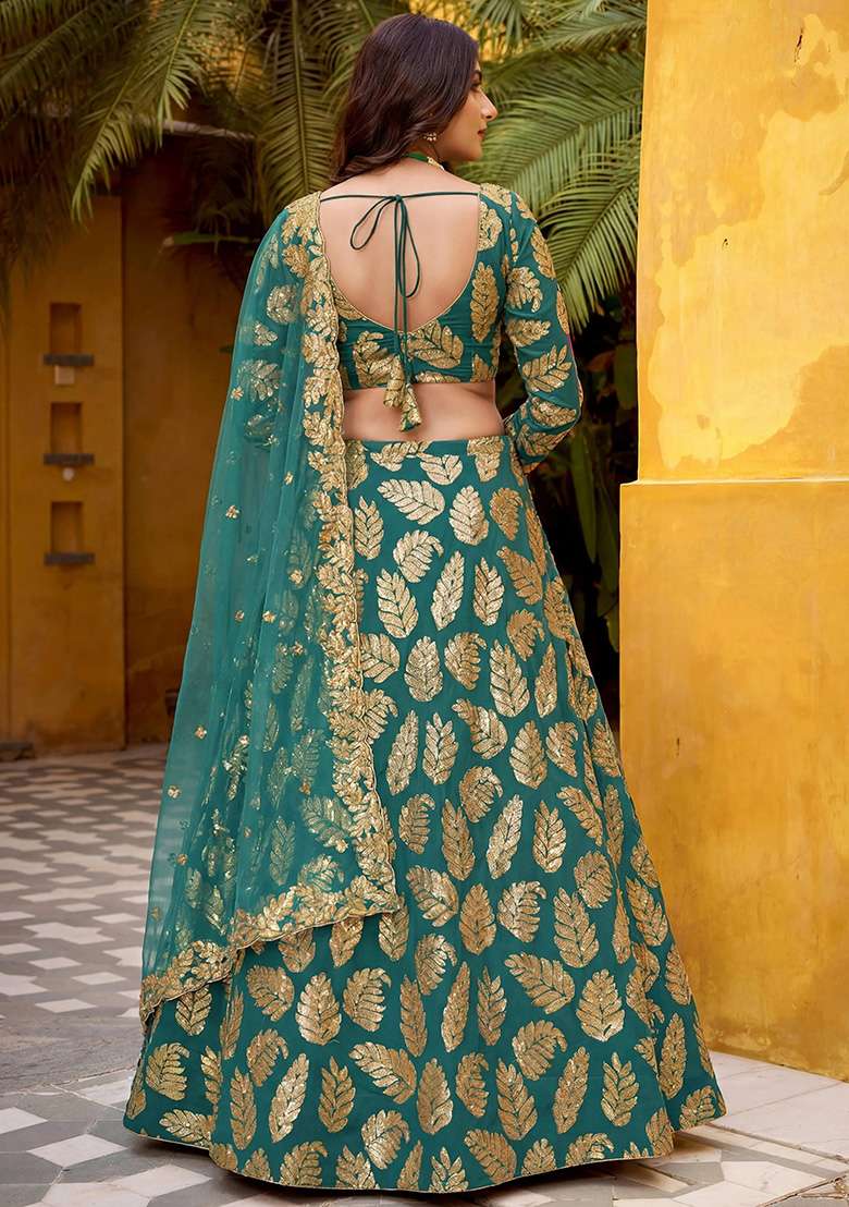 Teal Blue Embroidery Georgette Lehenga Set for Diwali and Festive Wear - Indya