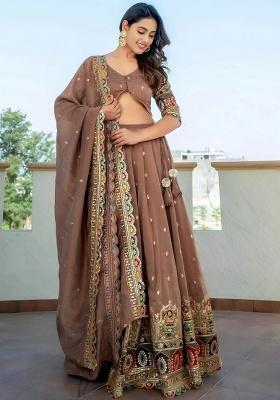 Beige Embroidery Silk Lehenga Set