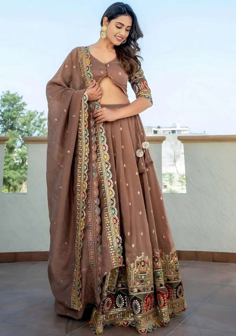 Beige Embroidery Silk Blend Lehenga Set for Diwali and Festive Wear - Indya