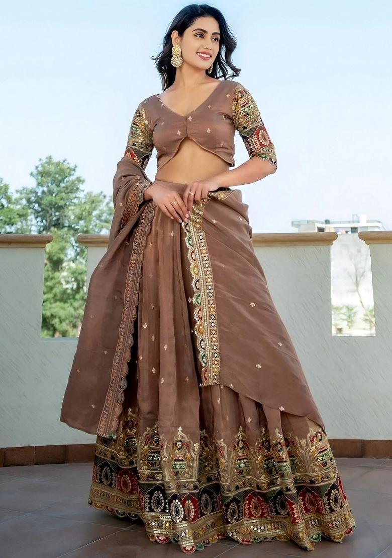 Beige Embroidery Silk Lehenga Set - Indya