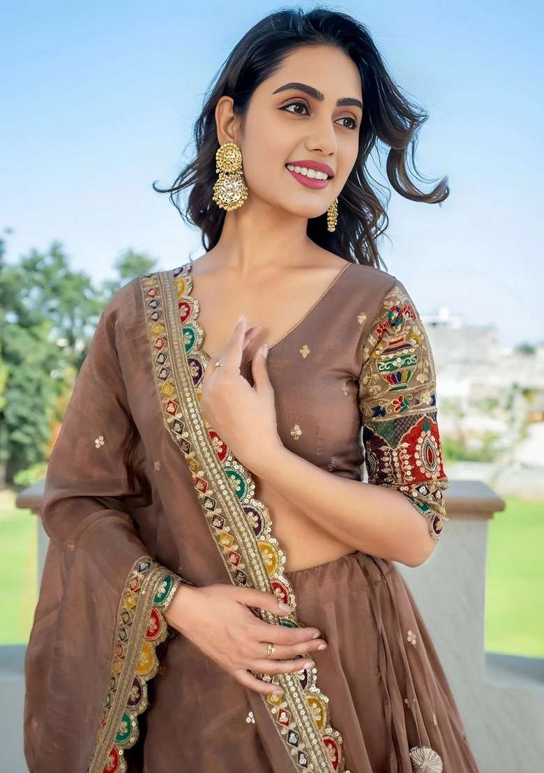 Beige Embroidery Silk Blend Lehenga Set for Diwali and Festive Wear - Indya