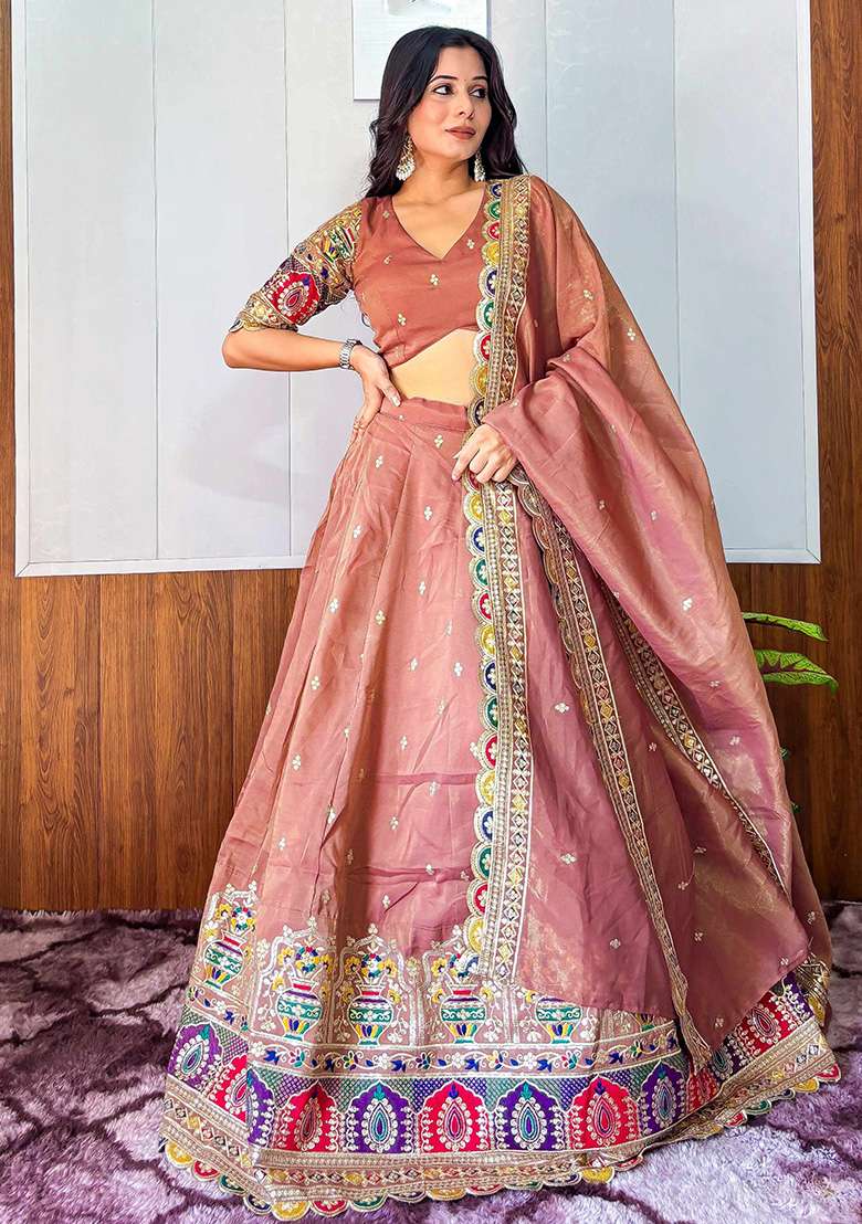 Orange Silk Blend Lehenga Set with Embroidery for Diwali | Wedding & Festive Wear - Indya