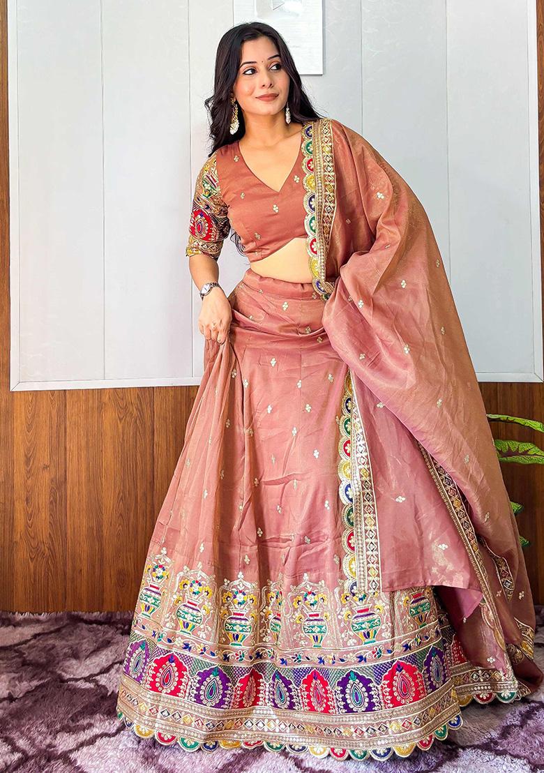 Orange Embroidery Silk Lehenga Set - Indya