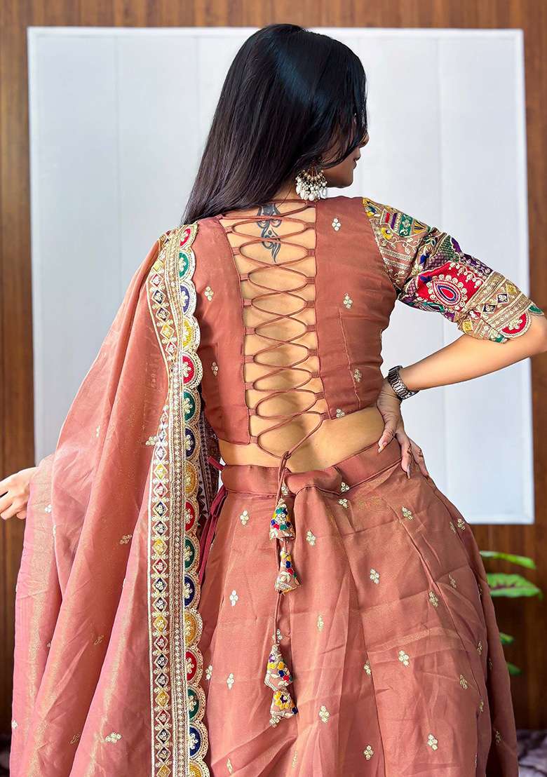 Orange Silk Blend Lehenga Set with Embroidery for Diwali | Wedding & Festive Wear - Indya