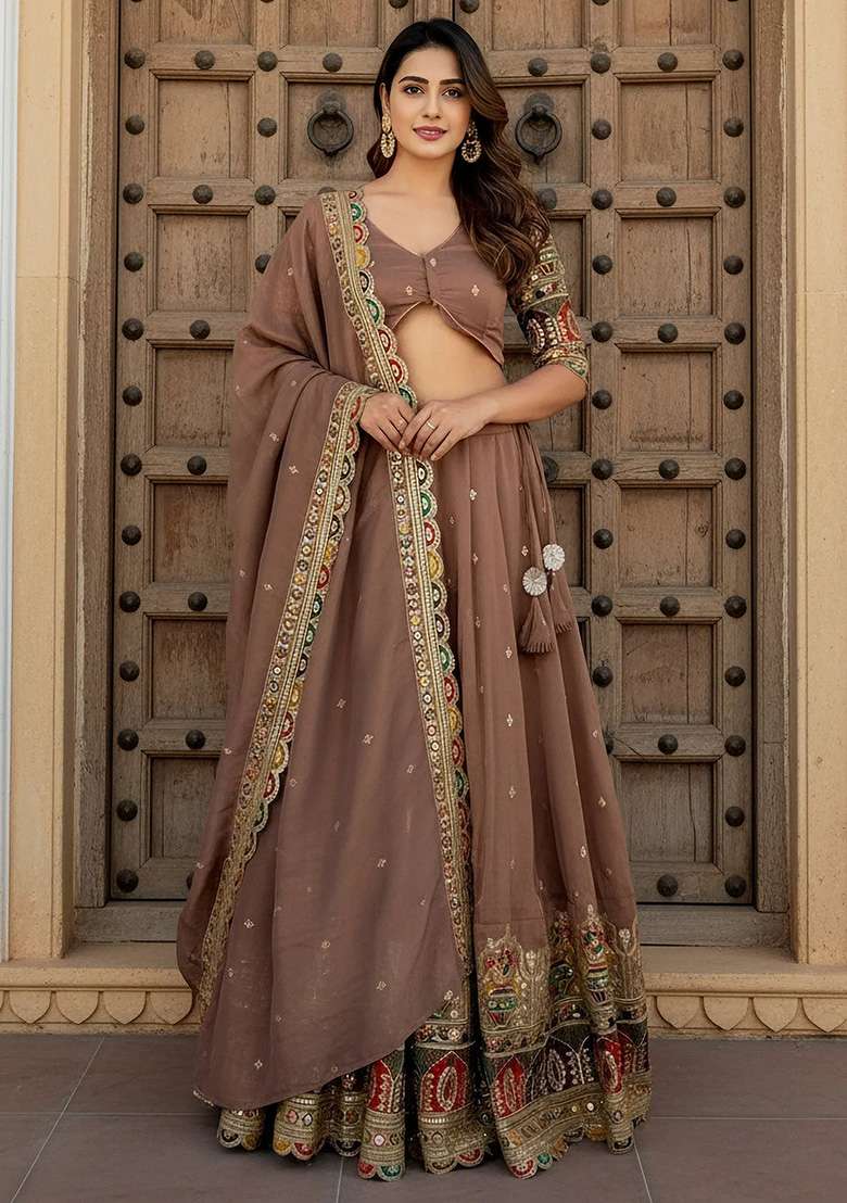 Beige Embroidery Silk Blend Lehenga Set for Diwali and Festive Wear - Indya