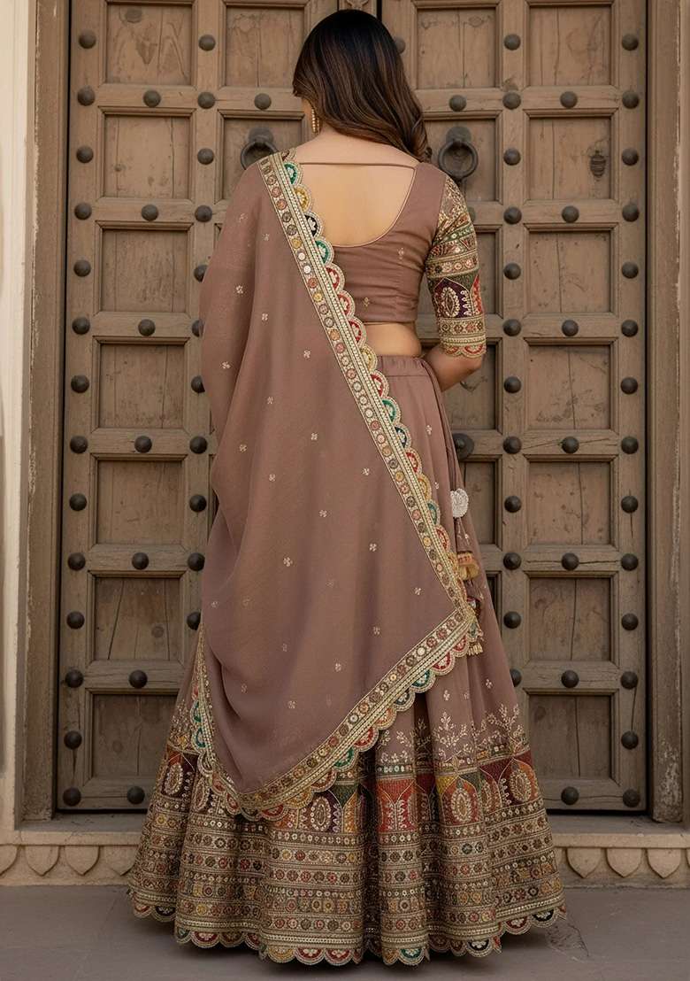Beige Embroidery Silk Blend Lehenga Set for Diwali and Festive Wear - Indya
