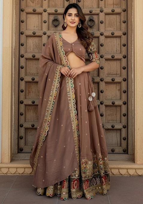 Beige Embroidery Silk Lehenga Set
